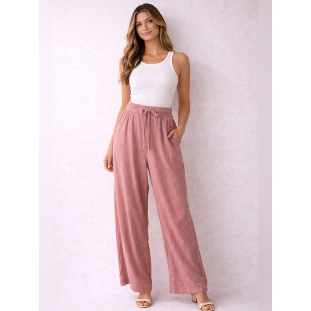 Dusty Pink Wide Leg Pants High Waist Lounge Soft Minimal Chic
